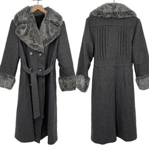 Vintage Wool Double Breasted Princess Coat Faux Fur Trim Union Made Womens Large